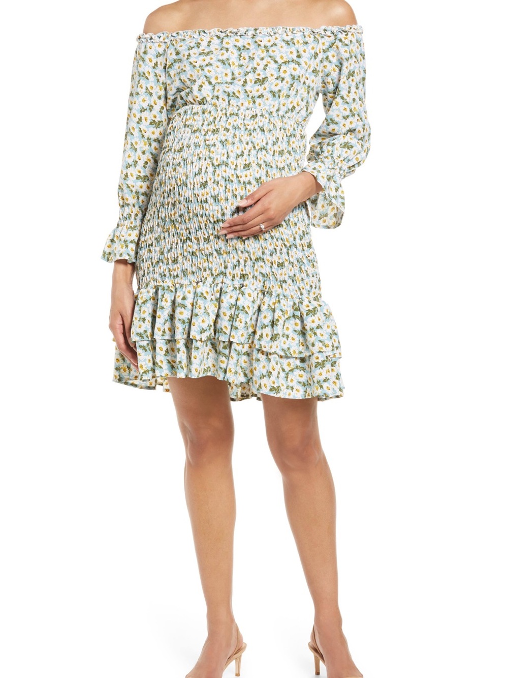 Savi Mom Blue Floral Smocked Maternity Mini Dress Size Small